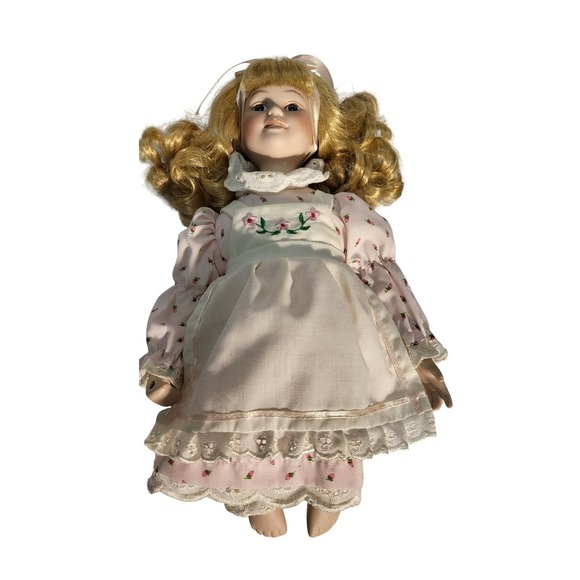 Royalton collection Porcelain‎ Doll Blonde Curly Hair Blue Eyes Pink Dress - Picture 4 of 9